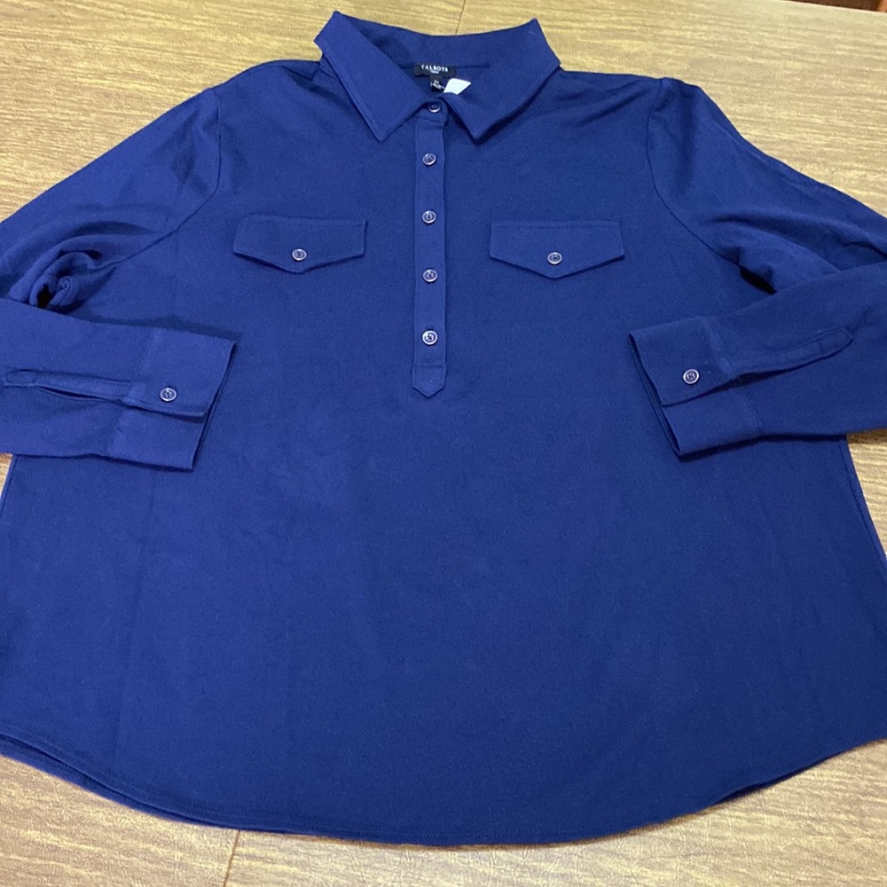 NWOT Talbots Pullover Button Down Long Sleeve 2X Navy Blue Top